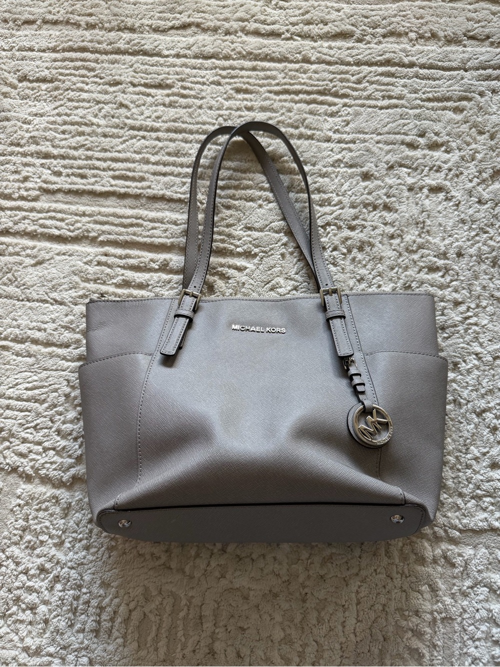 Michael Kors Charlotte top zip tote pearl grey saffiano leather purse